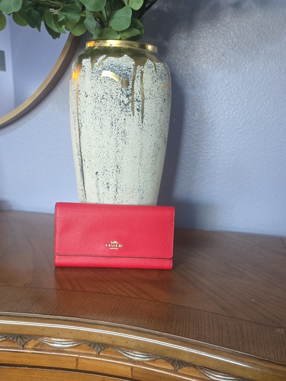 COACH Red Saffiano Leather Flap Wallet with Gold Logo